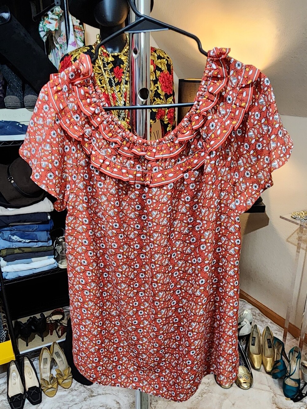 Max Studio Rust Red Floral Ruffled Neck Blouse NEW